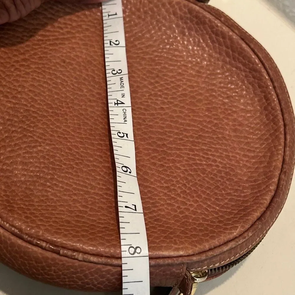 Bally Pebbled Leather Double Circle Crossbody Bag Cognac Brown Quiet Luxury